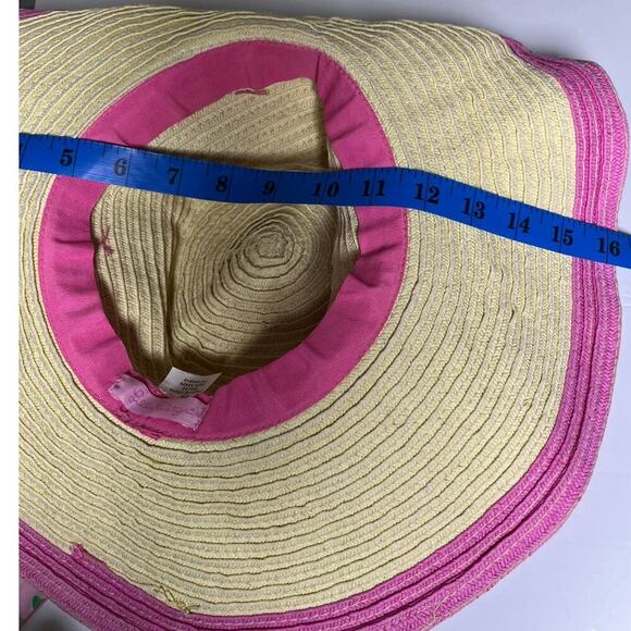 Lilly Pulitzer Straw Sun Hat Wide Brim‎ Pink Trim Floppy Beach Scarf Band #33499 - Picture 11 of 12